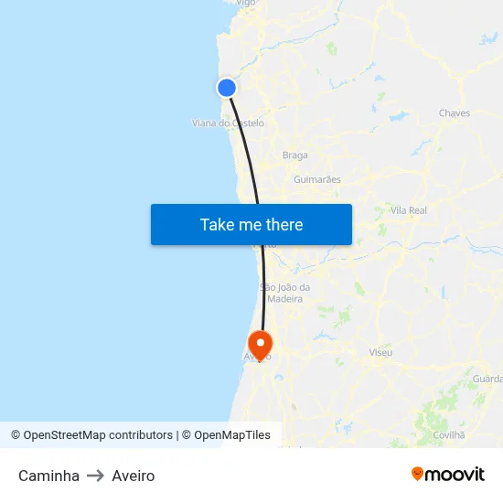 Caminha to Aveiro map