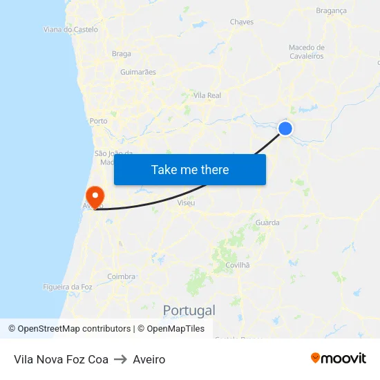 Vila Nova Foz Coa to Aveiro map