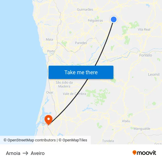 Arnoia to Aveiro map