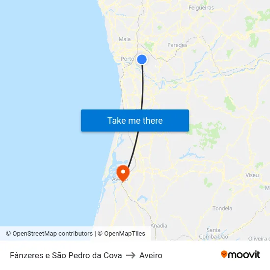 Fânzeres e São Pedro da Cova to Aveiro map