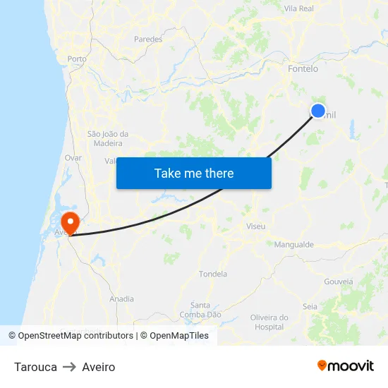 Tarouca to Aveiro map