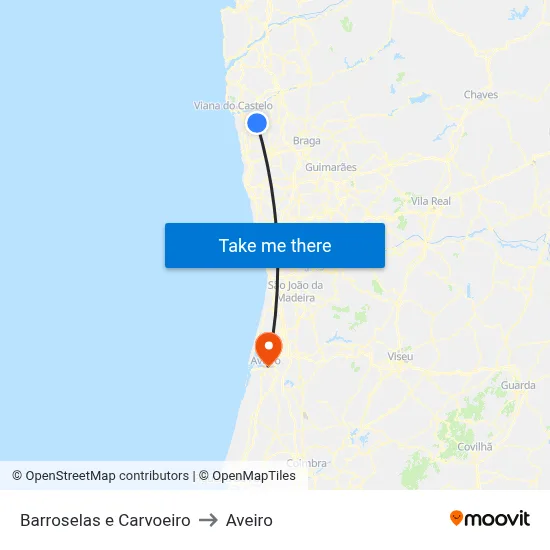 Barroselas e Carvoeiro to Aveiro map