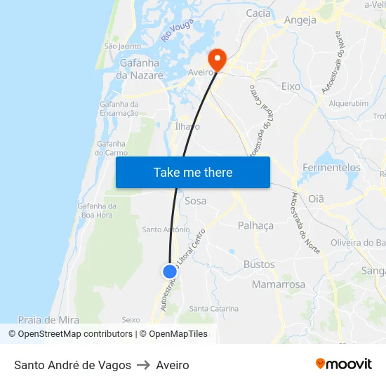 Santo André de Vagos to Aveiro map