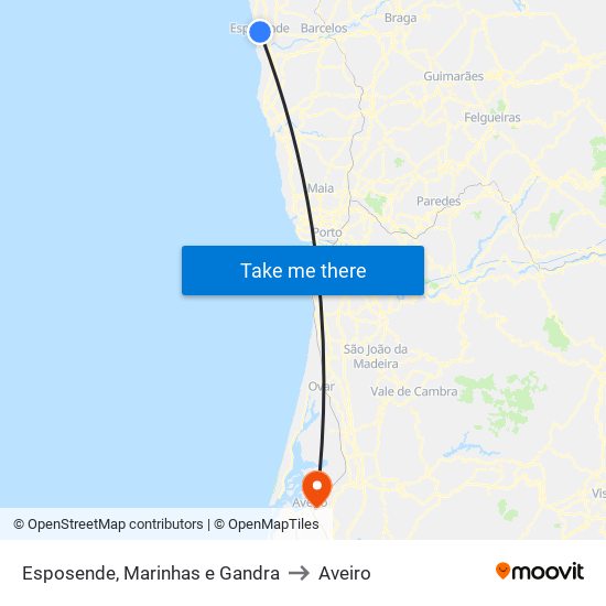 Esposende, Marinhas e Gandra to Aveiro map