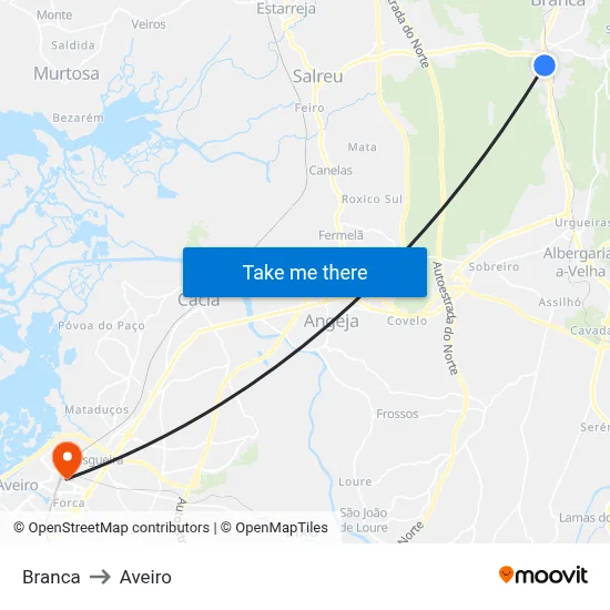 Branca to Aveiro map
