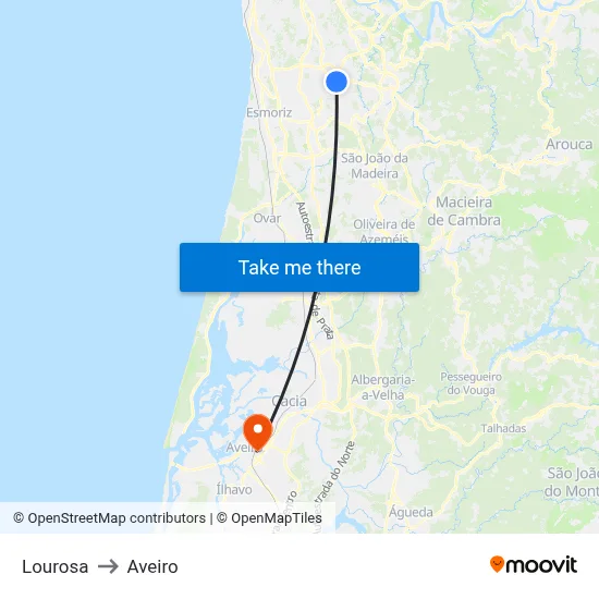 Lourosa to Aveiro map