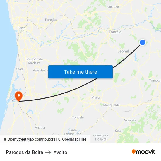 Paredes da Beira to Aveiro map