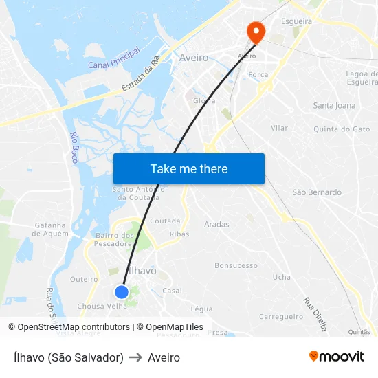 Ílhavo (São Salvador) to Aveiro map