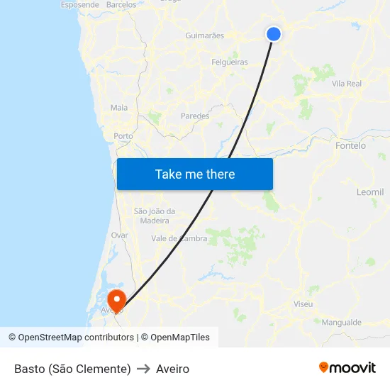 Basto (São Clemente) to Aveiro map