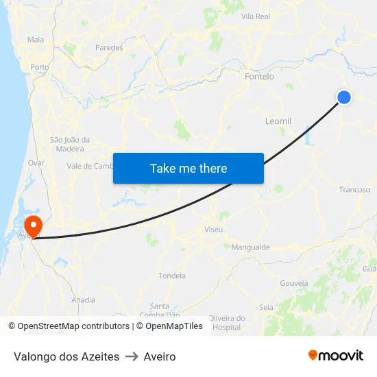 Valongo dos Azeites to Aveiro map