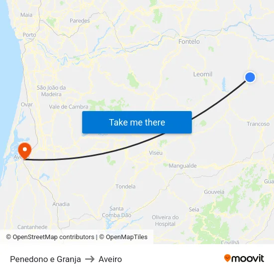 Penedono e Granja to Aveiro map