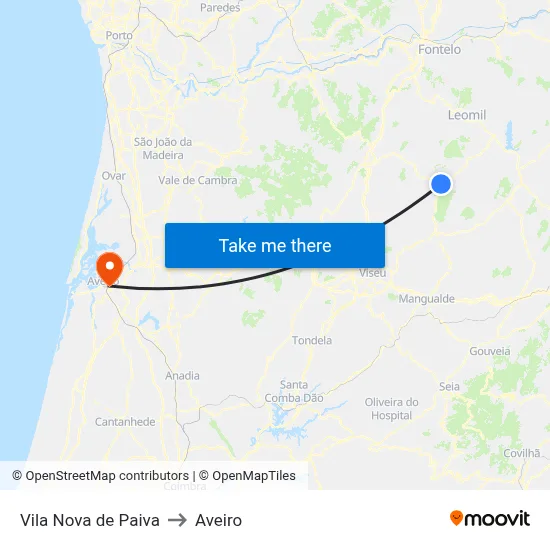 Vila Nova de Paiva to Aveiro map
