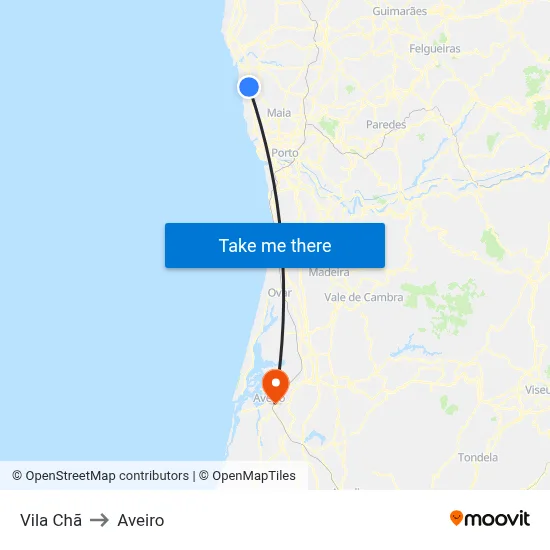 Vila Chã to Aveiro map