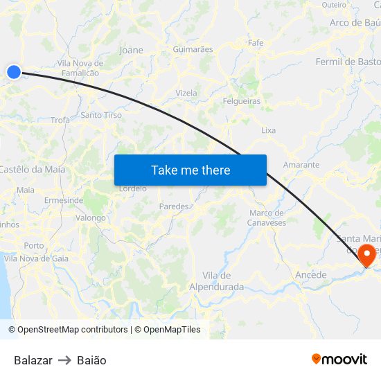 Balazar to Baião map