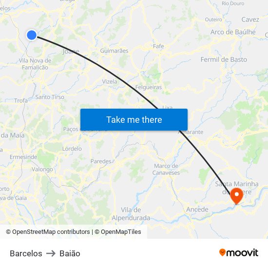 Barcelos to Baião map
