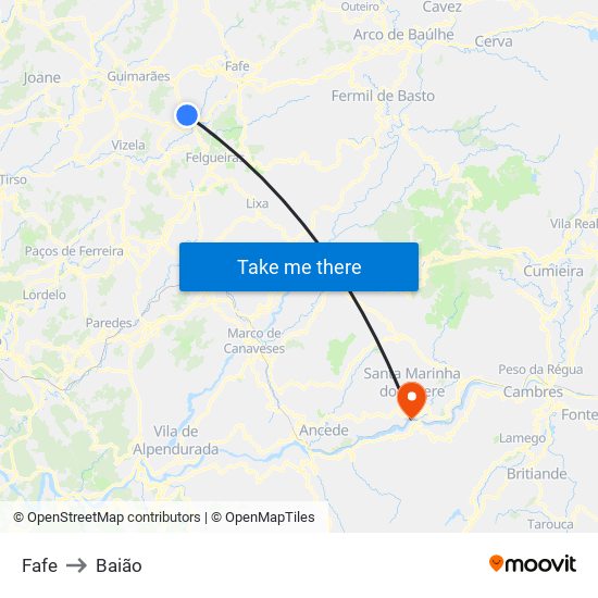 Fafe to Baião map