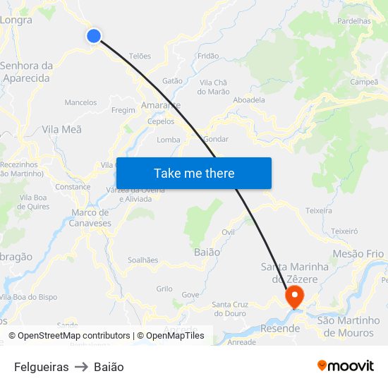 Felgueiras to Baião map