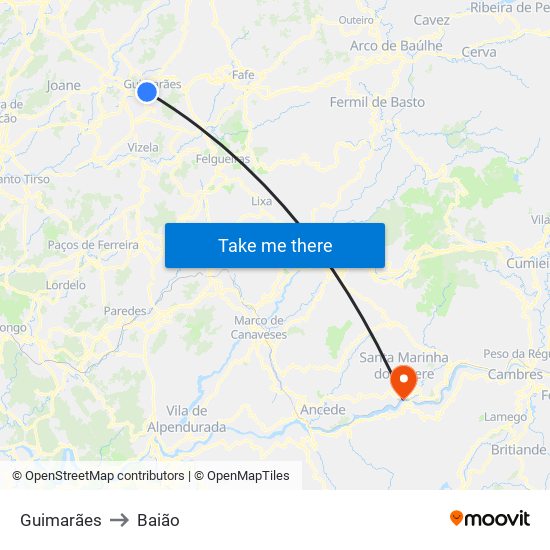 Guimarães to Baião map