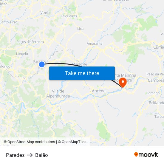 Paredes to Baião map