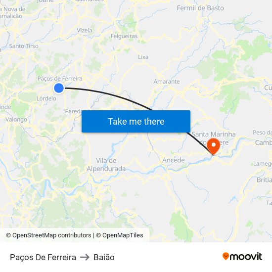 Paços De Ferreira to Baião map