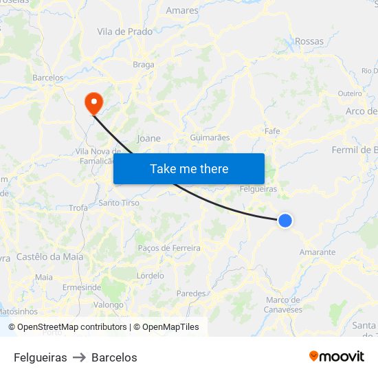 Felgueiras to Barcelos map