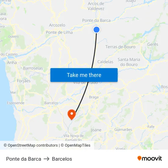 Ponte da Barca to Barcelos map