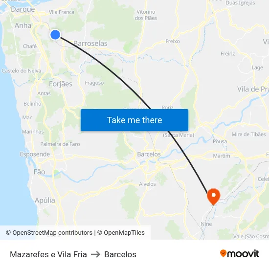 Mazarefes e Vila Fria to Barcelos map