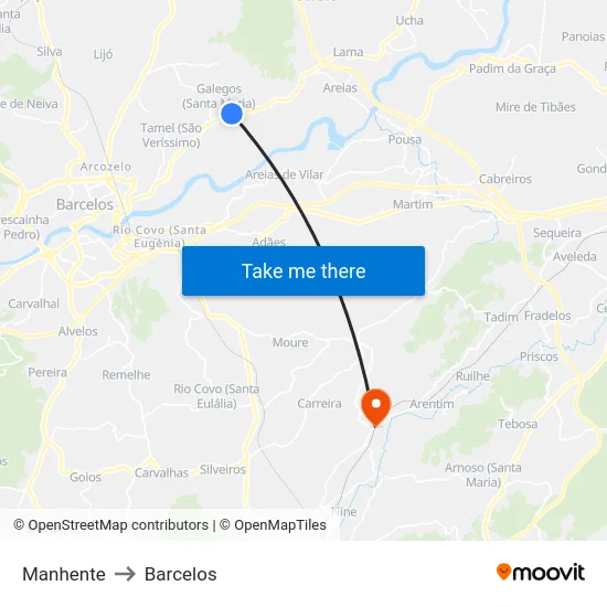 Manhente to Barcelos map
