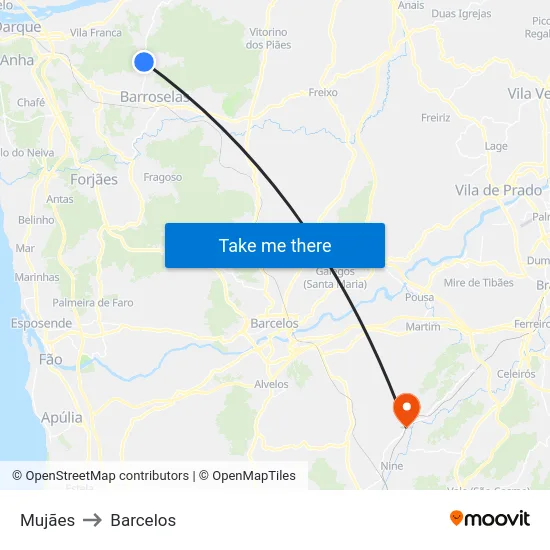 Mujães to Barcelos map