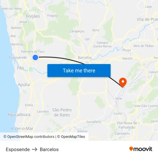 Esposende to Barcelos map