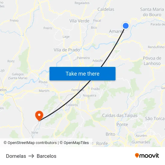 Dornelas to Barcelos map