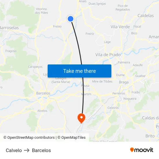 Calvelo to Barcelos map