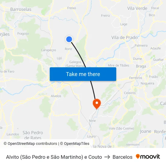 Alvito (São Pedro e São Martinho) e Couto to Barcelos map