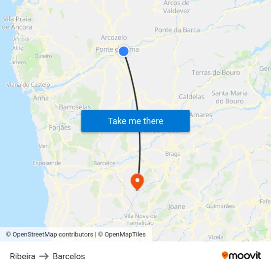Ribeira to Barcelos map