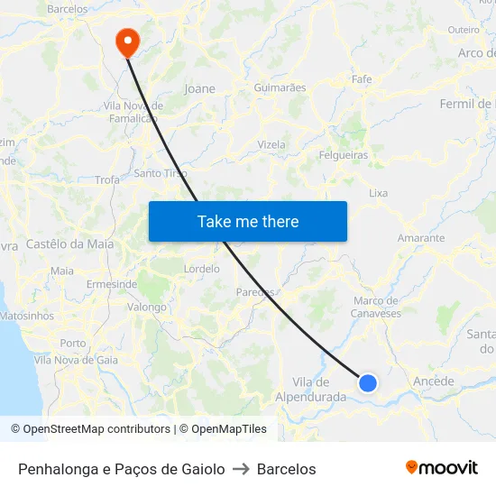 Penhalonga e Paços de Gaiolo to Barcelos map
