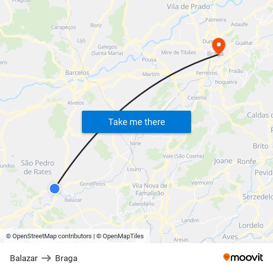 Balazar to Braga map