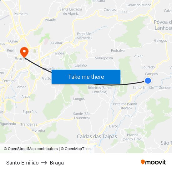 Santo Emilião to Braga map