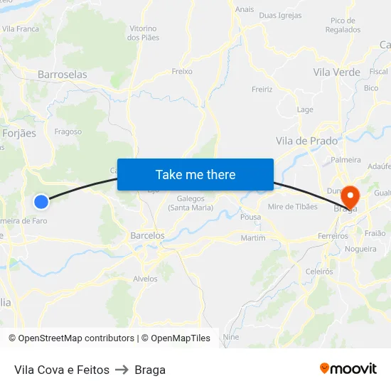 Vila Cova e Feitos to Braga map