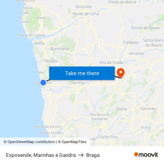 Esposende, Marinhas e Gandra to Braga map