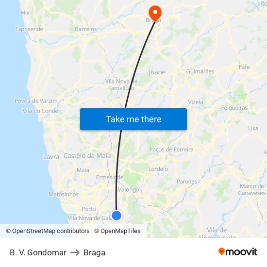 B. V. Gondomar to Braga map