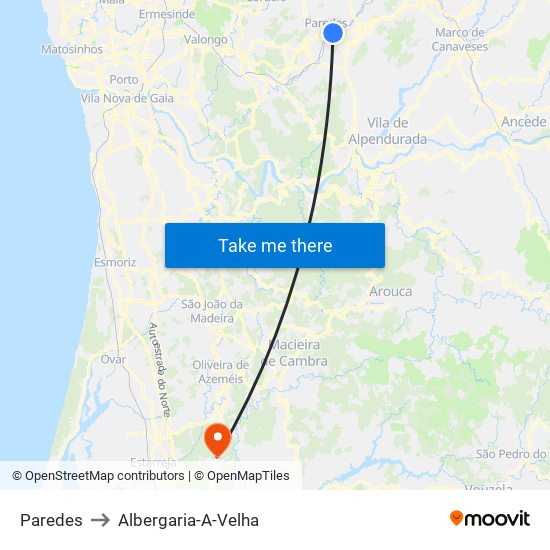 Paredes to Albergaria-A-Velha map