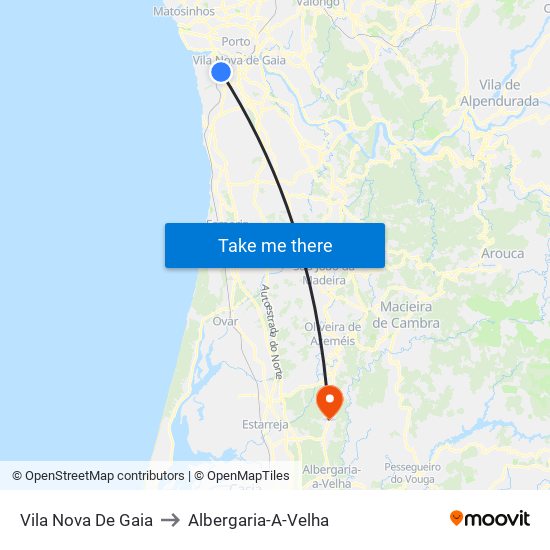 Vila Nova De Gaia to Albergaria-A-Velha map