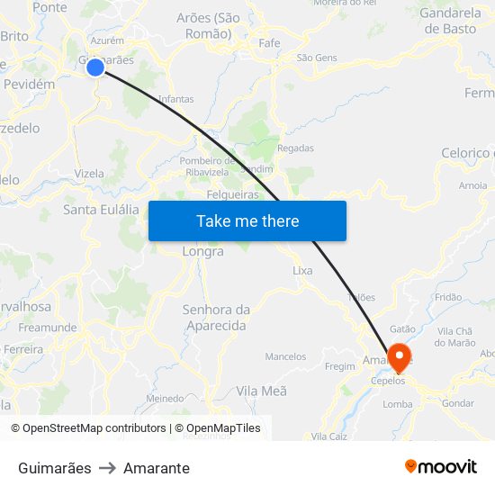 Guimarães to Amarante map
