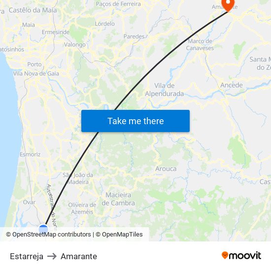Estarreja to Amarante map