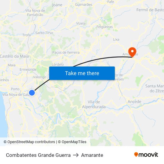 Combatentes Grande Guerra to Amarante map