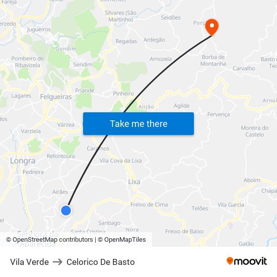 Vila Verde to Celorico De Basto map