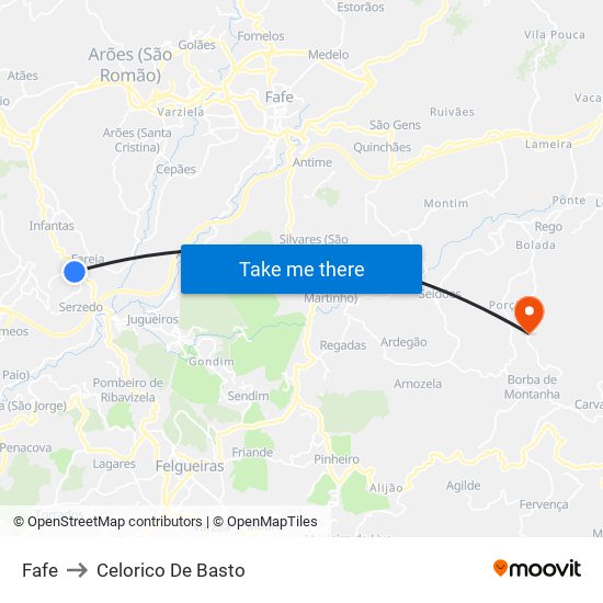 Fafe to Celorico De Basto map