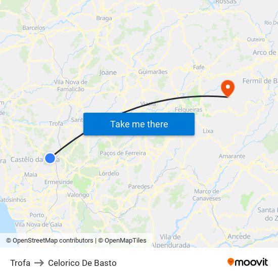 Trofa to Celorico De Basto map