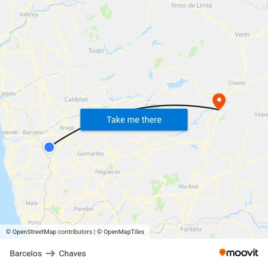 Barcelos to Chaves map