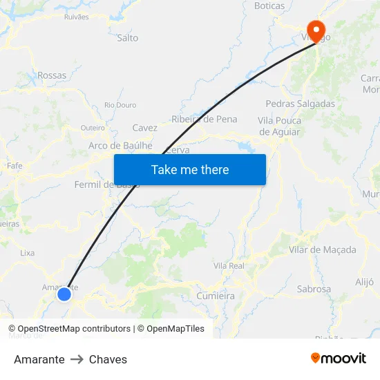 Amarante to Chaves map